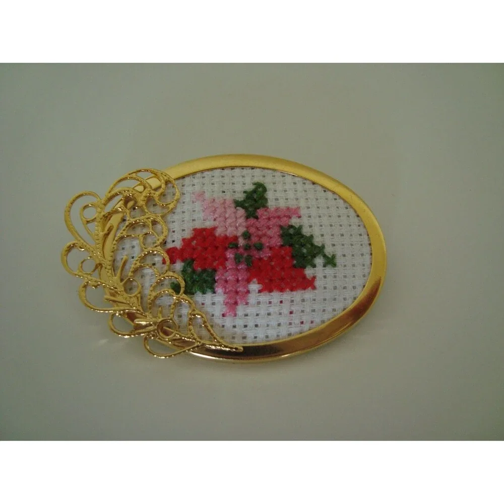 Festive, cross stitch pointsetta brooch, hand stitched